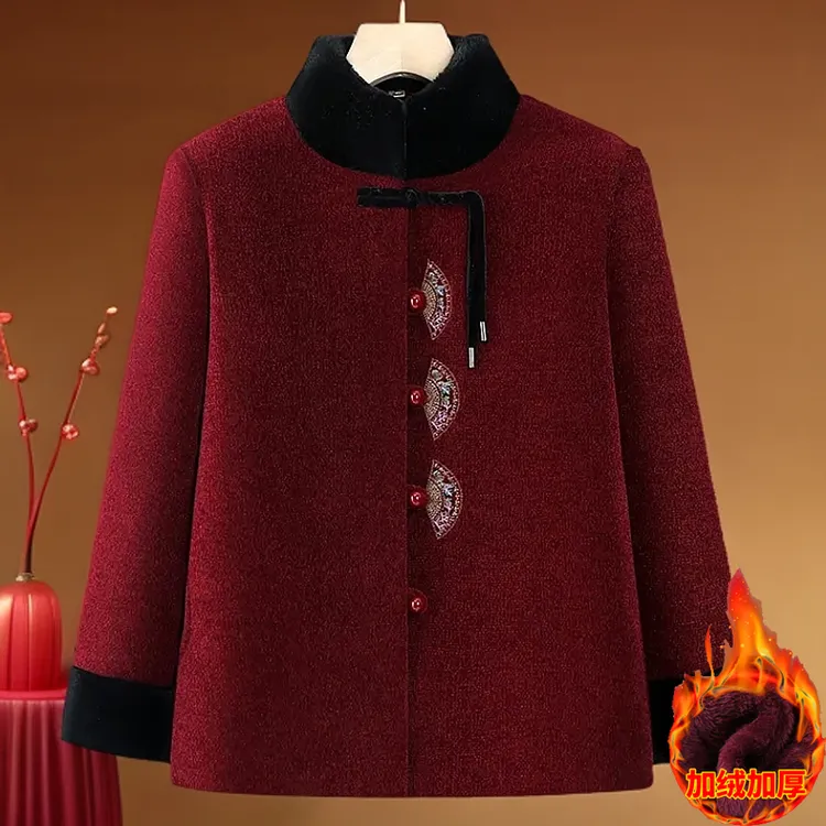 新中式妈妈装冬季加绒加厚保暖气质外套中老年人奶奶喜庆过年棉服