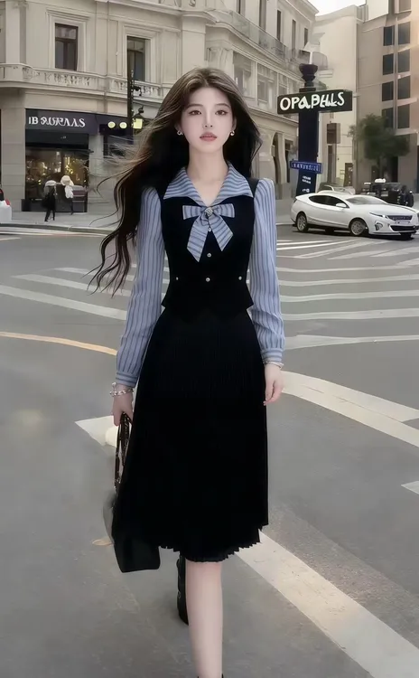 秋季新款时尚蓝色翻领条纹长袖衬衫+黑色百搭马甲+黑色中长裙套装