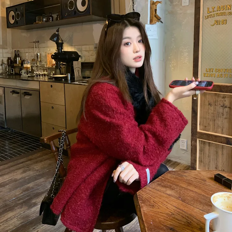 rare zz【极简慵懒】100羊毛红色圈圈毛大衣