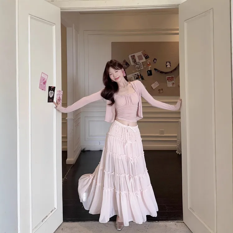 裙子套装吊带显瘦气质高腰夏季温柔碎花长裙百褶短裙时尚甜美法式