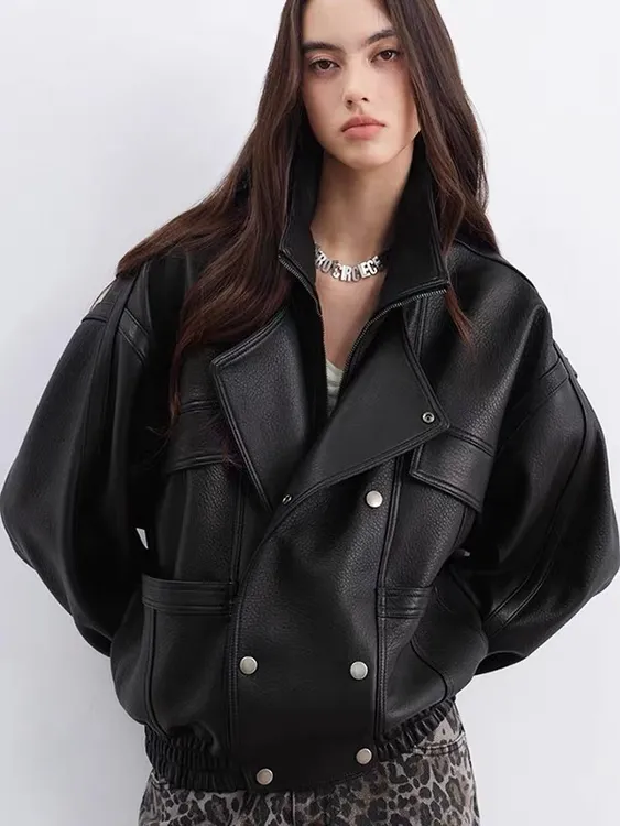 2025早秋杨树林新款时尚复古宽松泡皮羊皮真皮皮衣女廓形外套潮