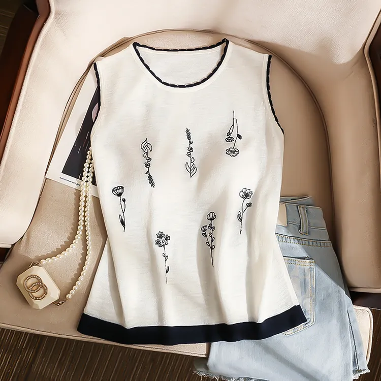 韩系圆领刺绣冰丝针织无袖背心女夏季高级感法式百搭时尚花朵上衣