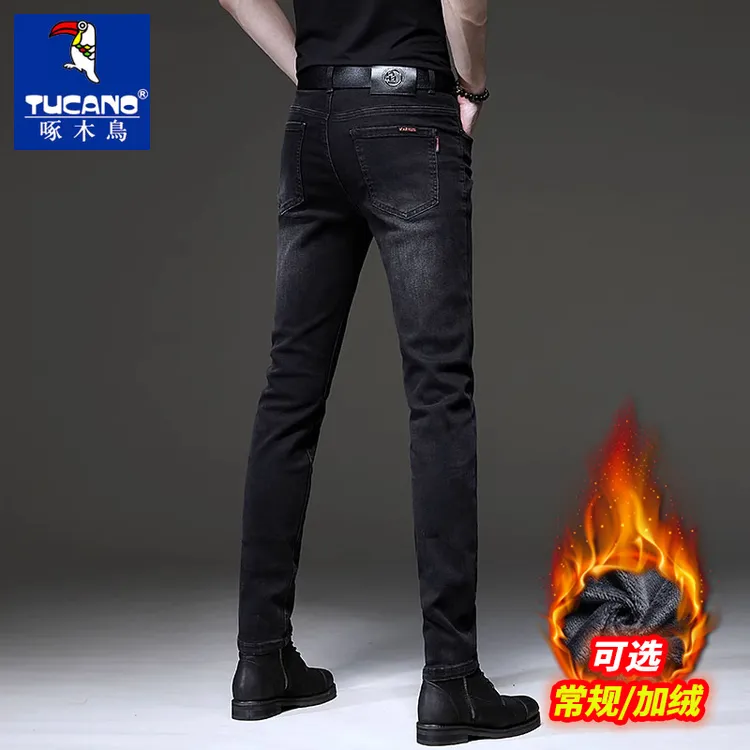 啄木鸟黑色男士牛仔裤男款爆款2025新款秋冬款加绒修身小脚休闲裤