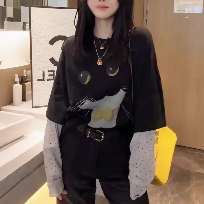 黑色小猫网纱袖欧洲站2025年春季新款拼接假两件卡通印花T恤上衣