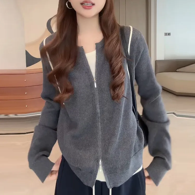 撞色双头拉链假两件针织衫女2025秋季新款洋气简约风日常通勤上衣