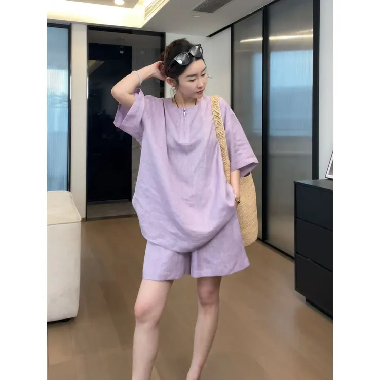 玖了个玖 2025夏 极简百搭半拉链圆领宽松短袖短裤套装 2505C2491