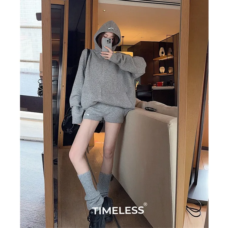 TIMELESS · 慵懒风针织开衫拉链套装女长袖毛衣秋冬时尚连帽外套