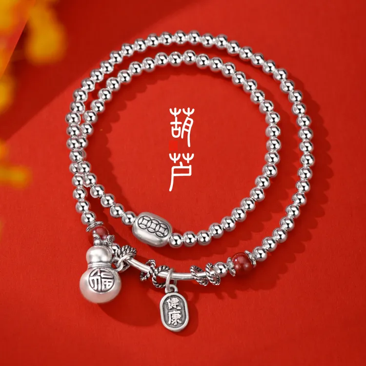 罗泰老银匠 含辰砂工艺品925银葫芦串珠手链女款国风双层银珠手串