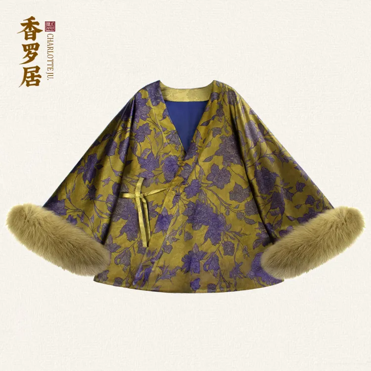 【海青天】中式复古秋冬100%桑蚕丝香云纱狐狸毛气质印花上衣外套