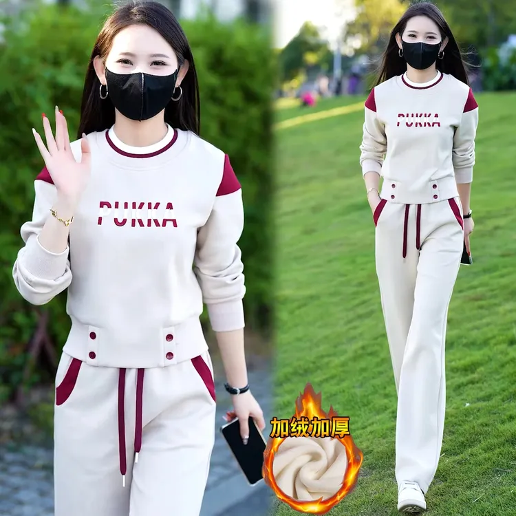 爆款时尚加厚运动服套装2025新款秋冬宽松圆领卫衣直筒裤两件套女