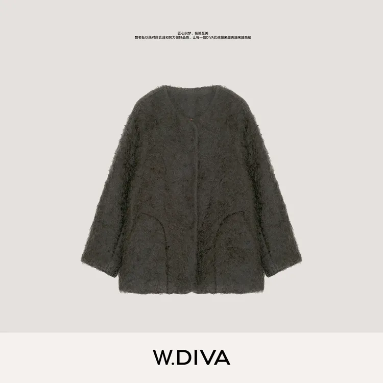 W.Diva【泊耳之拥】水波纹细腻蓬松马海毛短款毛呢外套54C242743