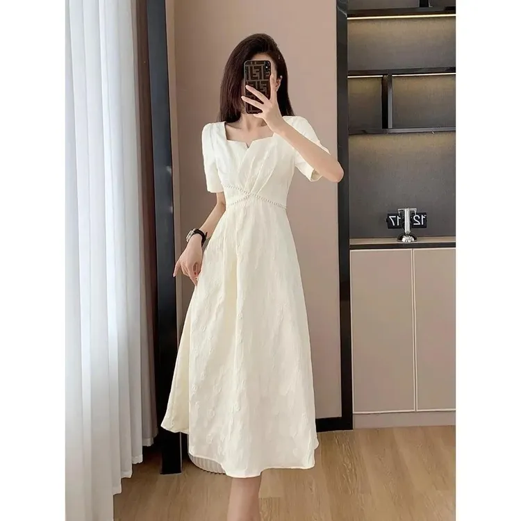 大码女装2024夏季新款胖MM优雅复古设计感中长裙高级感提花连衣裙