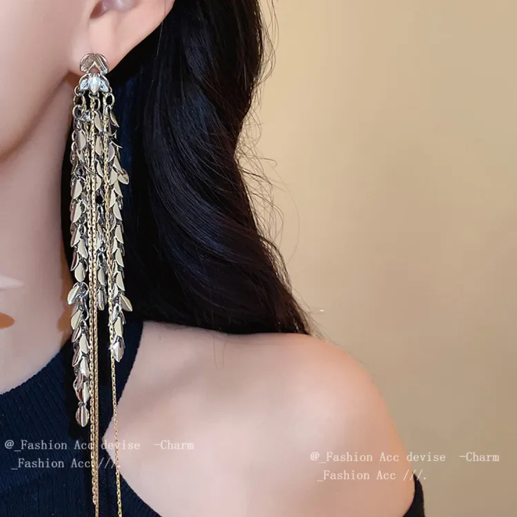 铜合金合成锆石耳饰 个性气质铜合金耳饰流苏镶钻几何长款耳环女