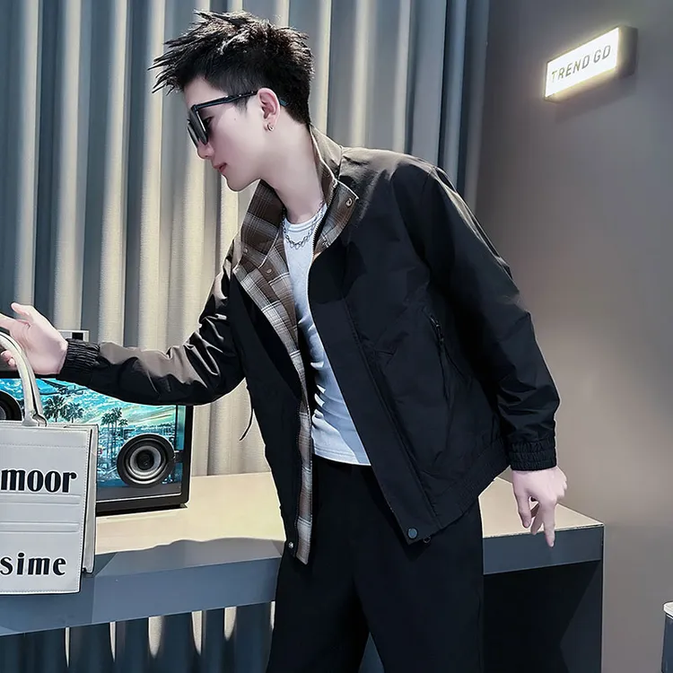 春秋季男士立领假两件休闲外套2025新款男装潮流百搭夹克男款上衣