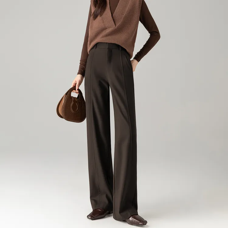 西装阔腿裤女秋冬深焙棕裤子女时尚洋气时髦轻奢高级感毛呢直筒裤