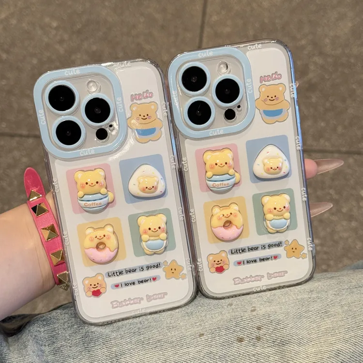 立体黄油小熊公仔适用iPhone16透明手机壳苹果华为oppo小米15vivo
