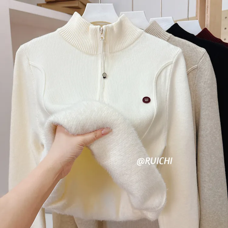 高级感半高领2025冬新款加绒加厚拉链设计感套头毛衣长袖保暖女