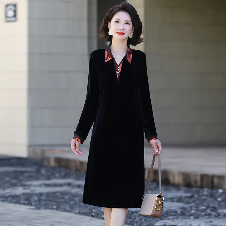妈妈装中长款裙子中老年女装春秋季丝绒连衣裙显瘦修身婚喜宴长裙