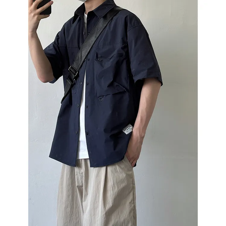 机能工装短袖衬衫纯色日系复古夏季宽松蓝色日常百搭衬衣半袖上衣