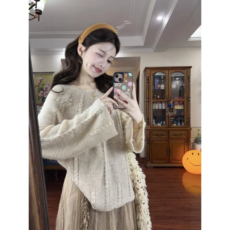 2025春秋新款韩系温柔风针织毛衣女宽松慵懒风花朵纹宽袖百搭显瘦