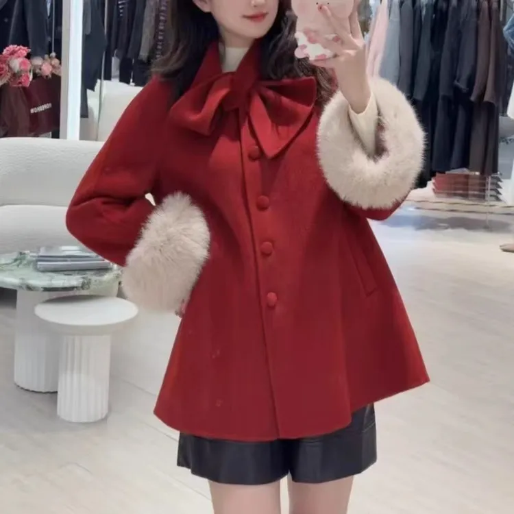 千金风红色真狐狸毛羊毛双面昵大衣外套25冬新款时尚百搭斗篷上衣