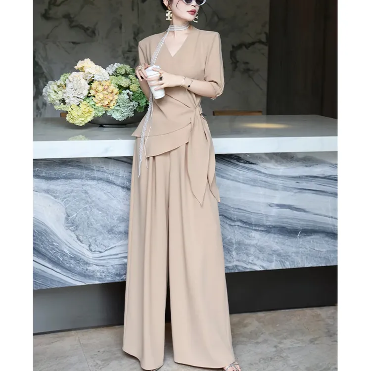 大码女装夏季新款时尚套装胖mm不规则收腰绑带阔腿裤两件套200斤