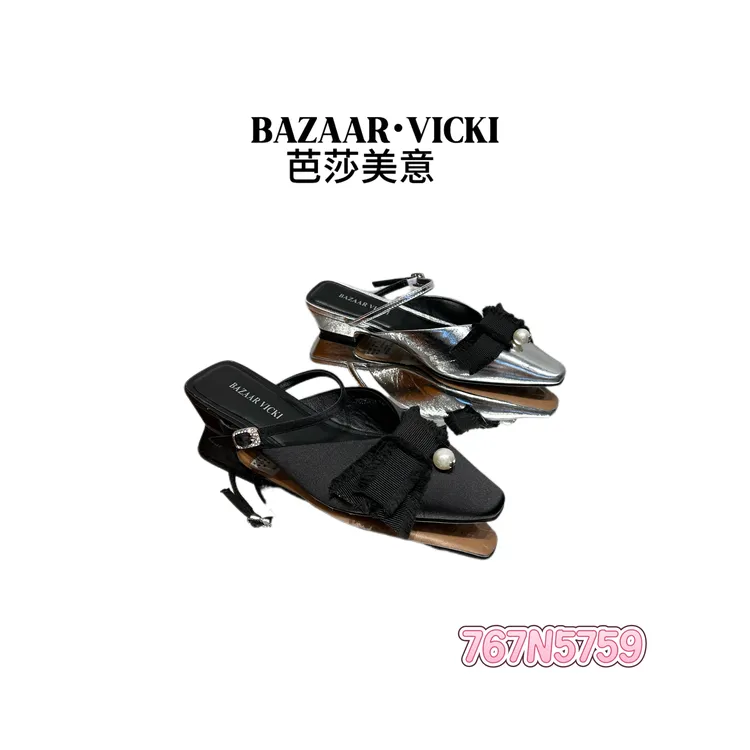 BAZAAR VICKI/芭莎美意767N5759中跟蝴蝶结包头舒适包头拖方头