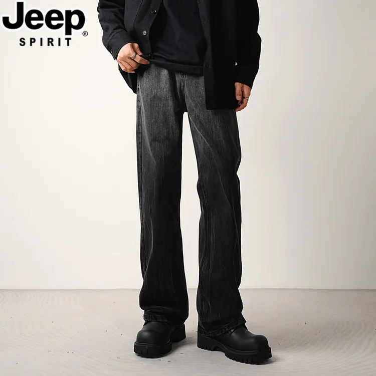 JEEPSPIRIT吉普牛仔裤男士潮牌秋季款宽松阔腿直筒长裤高街裤子男