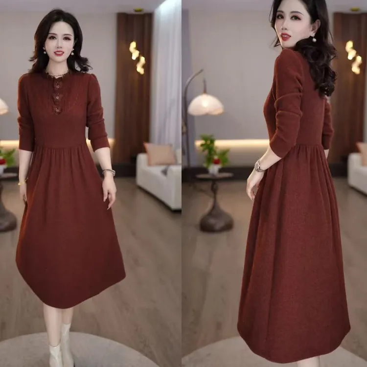 【连衣裙】冬款红色优雅大气高贵名媛宽松精致加厚中长款连衣裙