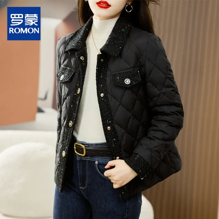 小香风轻薄羽绒服女短款冬季2025新款翻领修身小个子菱格鸭绒外套