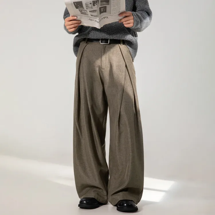 QIUYIDAODI立体褶皱A字廓形老钱风长裤男高级感通勤百搭休闲西裤