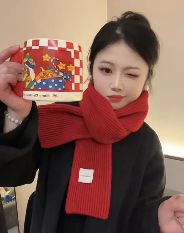 新年红色针织围巾男女款冬季圣诞节学生情侣加厚毛线围脖韩版ins