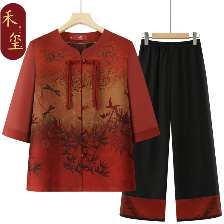 夏装套装女妈妈T恤新中式外套老年70-80岁老太太老年女装妈妈装