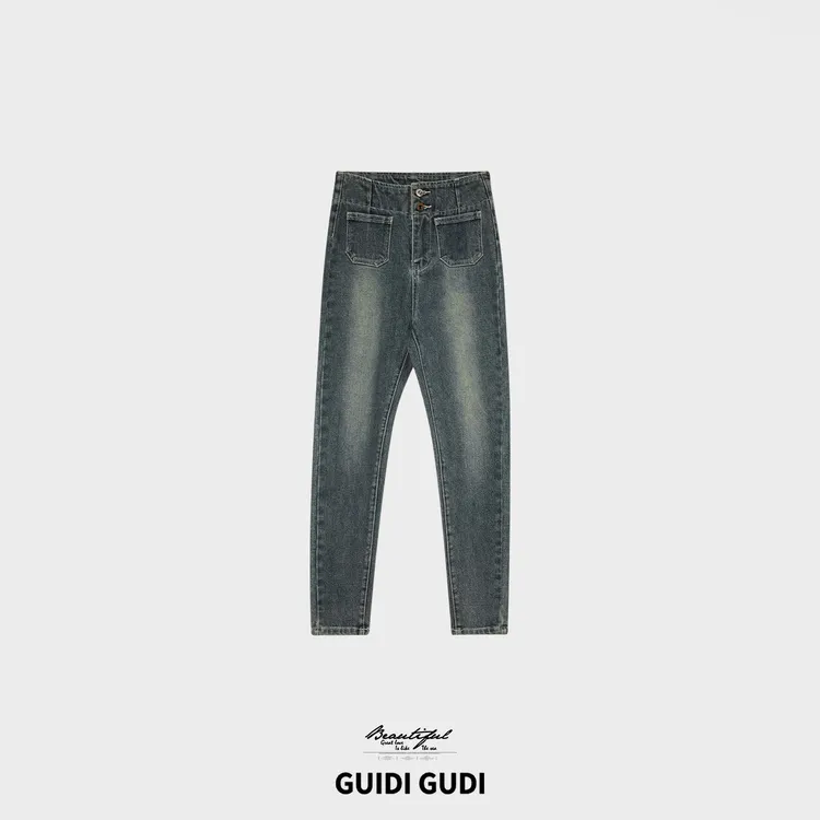 GUIDI GUDI【格桑花】高腰双口袋时尚百搭牛仔裤/黄加蓝 