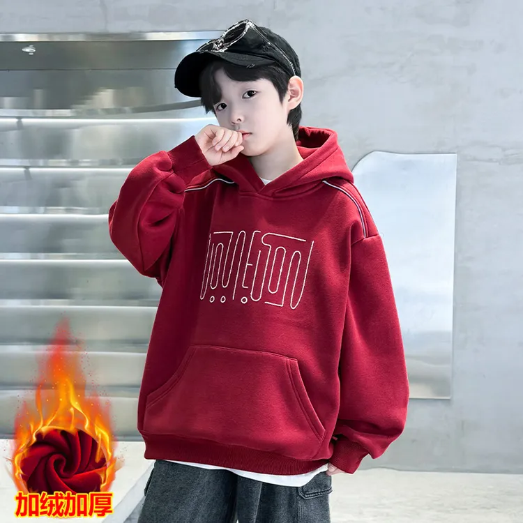 男童红色连帽卫衣冬季2025新款儿童加绒打底衫秋冬男孩加厚上衣潮