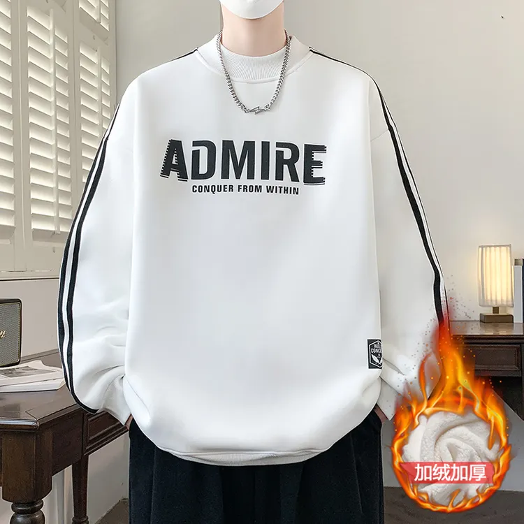 半高领套头秋冬新款印花休闲宽松打底衫加绒加厚美式男生帅气卫衣