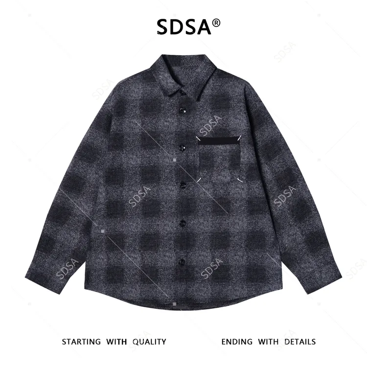 SDSA男士秋冬新款痞帅男装格子长袖衬衫四角缝线口袋设计翻领衬衣