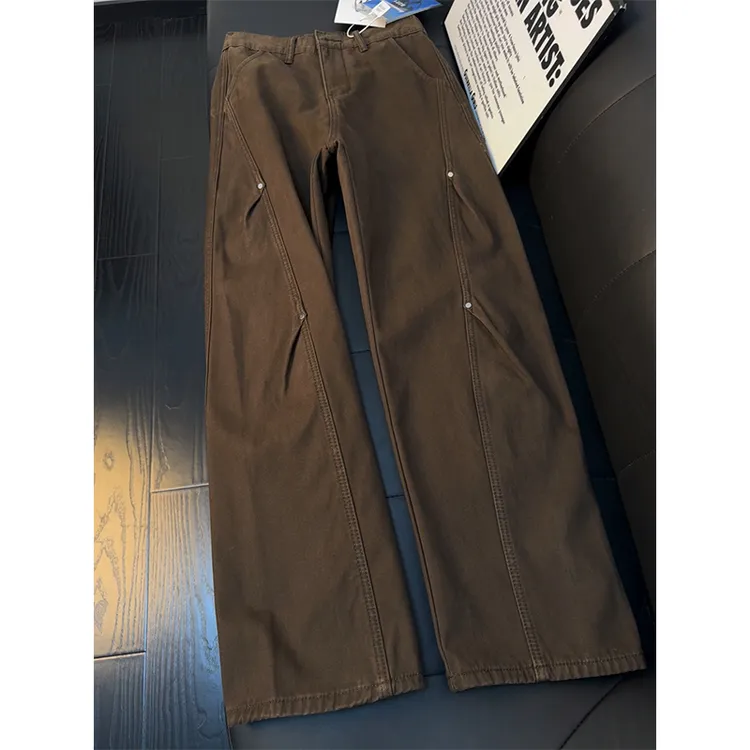 美式复古铆钉斜切牛仔裤男款秋冬重磅纯棉弯刀裤阔腿显瘦工装长裤