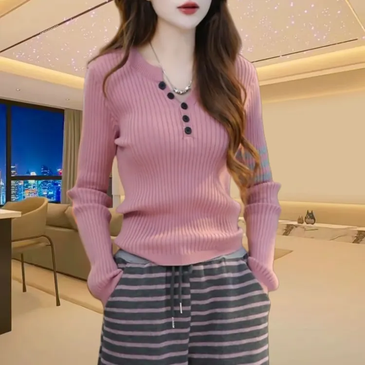【三条杠撞色】2025春季新款设计感纽扣小众百搭时尚针织打底衫女