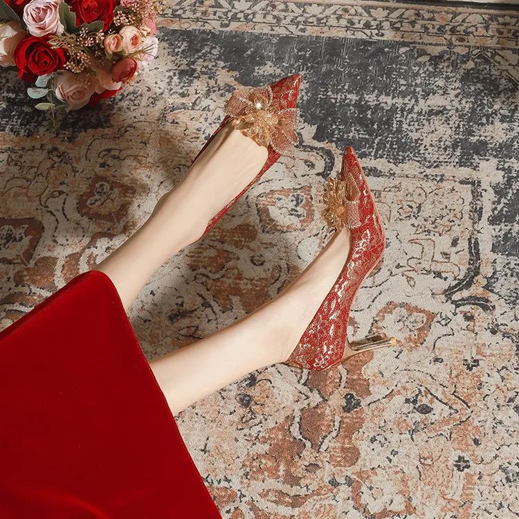 X766-36新款红色高跟鞋细跟新娘鞋中式秀禾婚鞋女单鞋浅口32-43