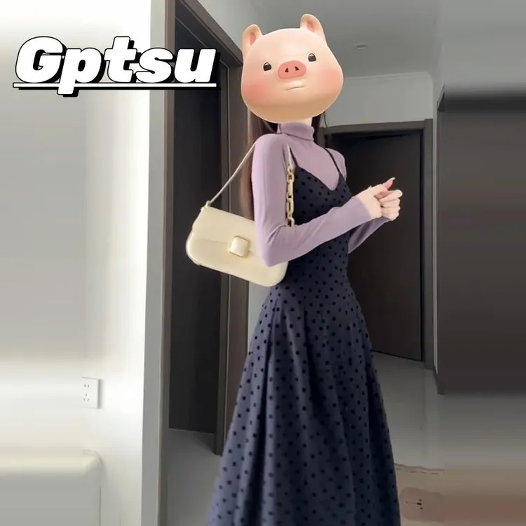 GPTSu法式灰色气质显瘦波点吊带连衣裙子长裙女春秋季穿搭一整套
