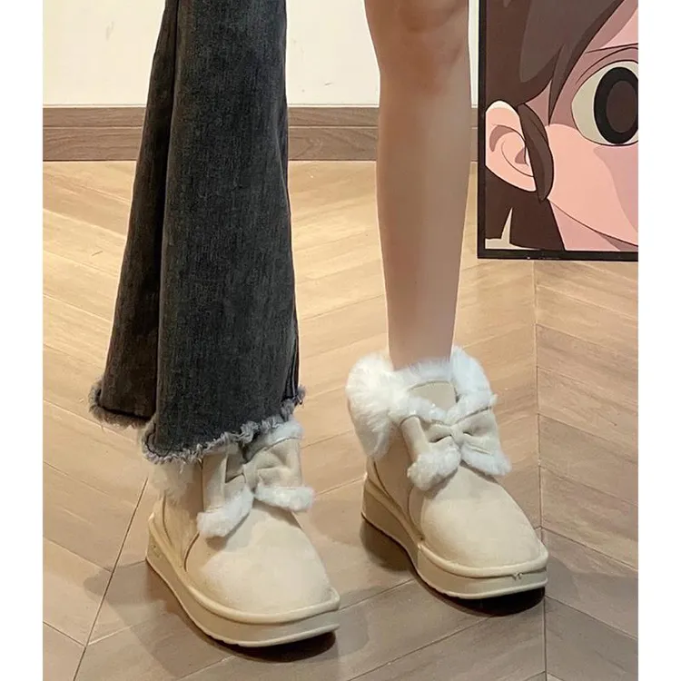 毛茸茸蝴蝶结白色雪地靴女冬季加绒加厚防水皮毛一体可爱保暖棉鞋