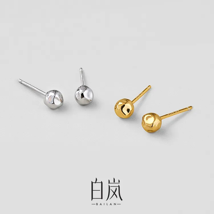 925银耳饰 白岚锤纹圆珠耳钉女925银饰品小众设计高级感ED4145