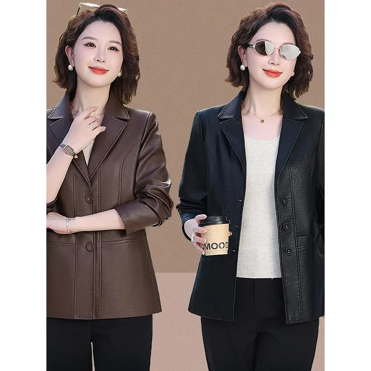 洋气妈妈西装领皮衣春秋新款外套女中老年时尚皮夹克百搭显瘦上衣