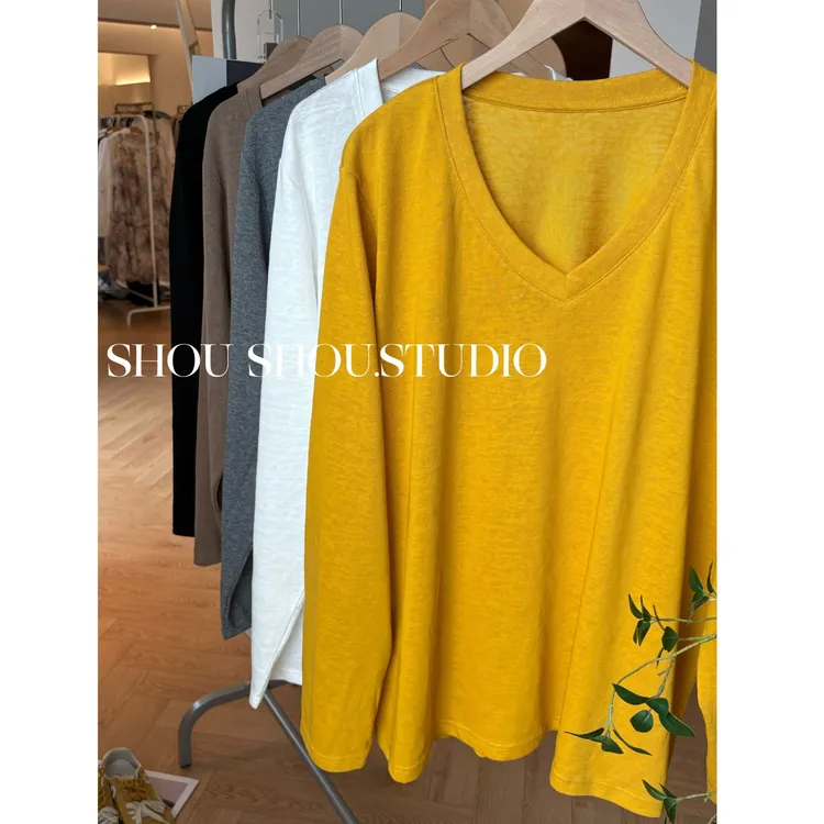 【瘦瘦】大码秋季V领简约显瘦宽松百搭长袖上衣S01866