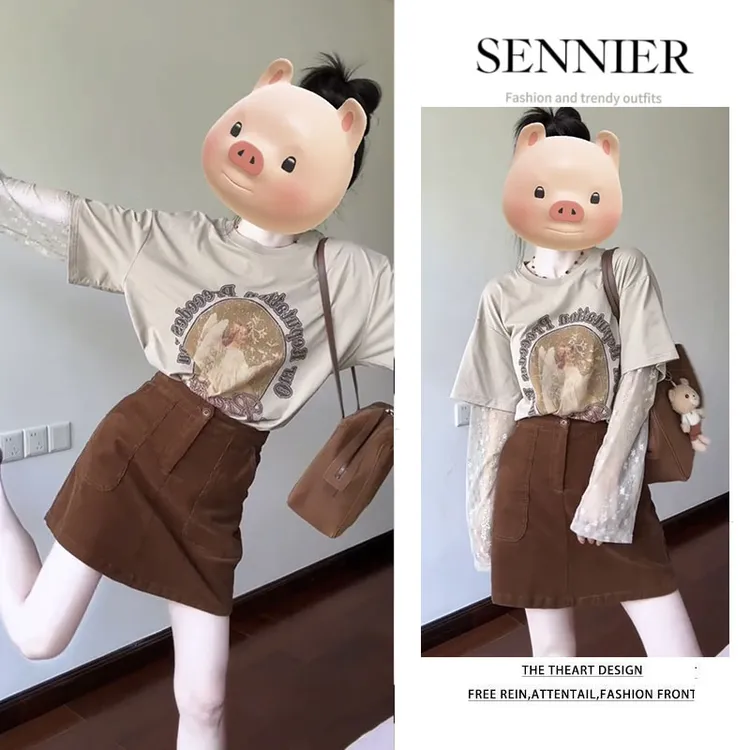 今年流行穿搭女2025新款小众蕾丝拼接设计长袖上衣百搭短裙两件套