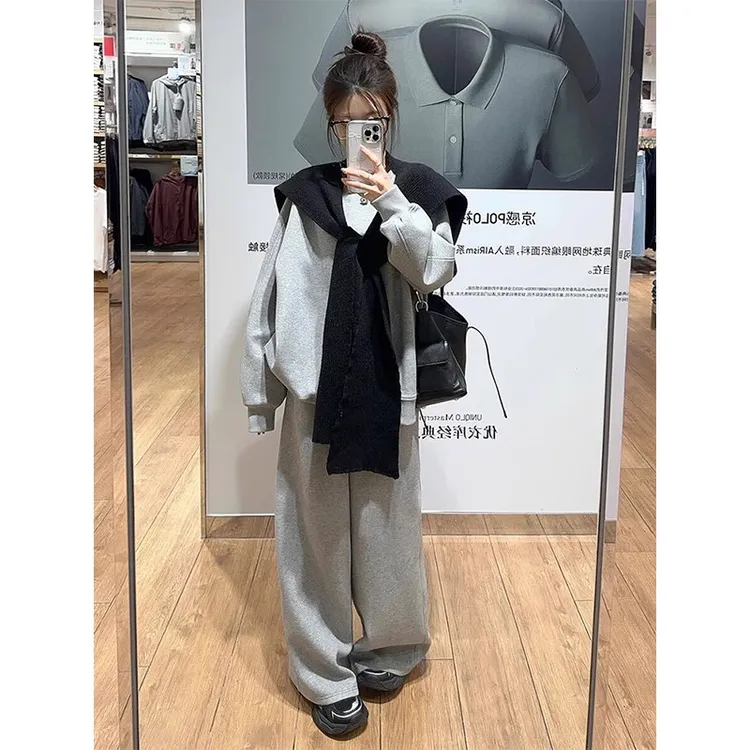 巨好看宽松慵懒风休闲运动套装女秋韩系灰色套头卫衣阔腿裤两件套