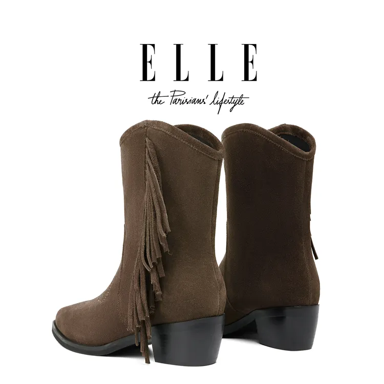 ELLE复古尖头V口短筒西部牛仔靴女2026新款个性流苏粗跟中筒短靴 