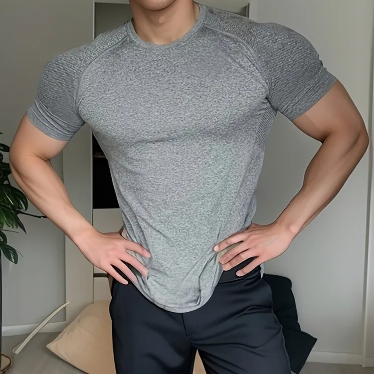 夏季运动速干紧身衣短袖训练T恤跑步健身男士无缝提花圆领上衣