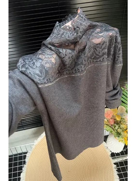 法式灰色蕾丝拼接高领长袖针织衫女2025秋冬新款修身性感打底毛衣